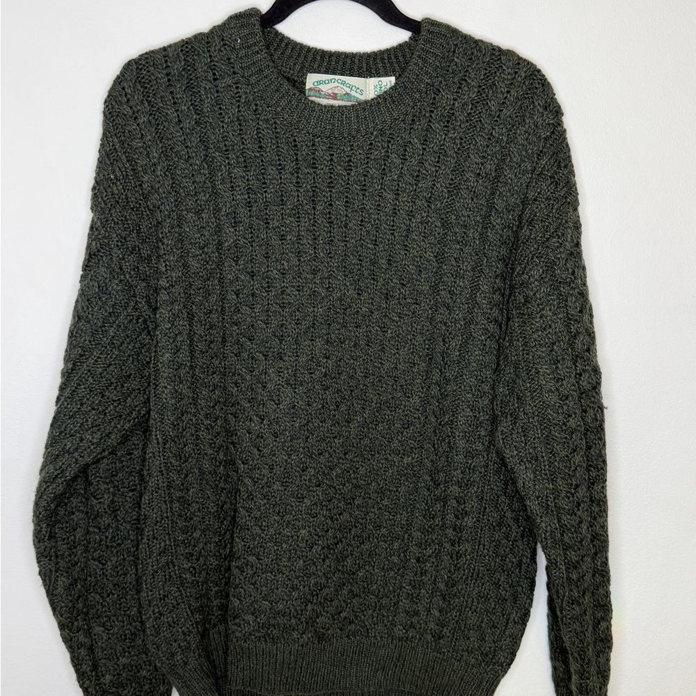 Aran Crafts Forest Green Cable Knit Crewneck Sweater